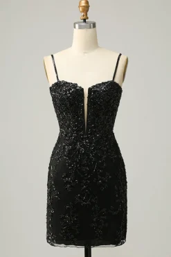Cintas de Espaguete Preto Lantejoulas Vestido de Cocktail