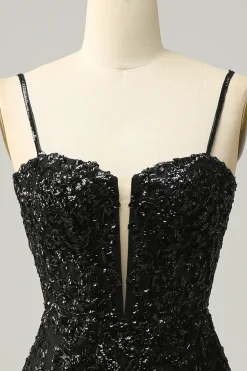 Cintas de Espaguete Preto Lantejoulas Vestido de Cocktail
