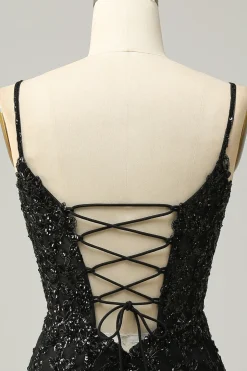 Cintas de Espaguete Preto Lantejoulas Vestido de Cocktail