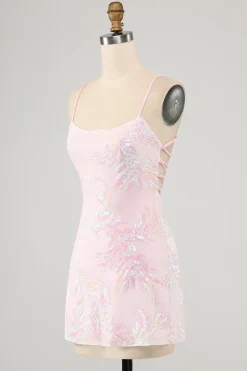 Cintas de espaguete rosa brilhante vestido apertado Homecoming com lantejoulas
