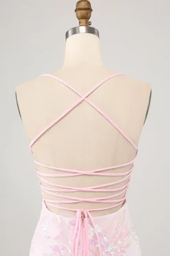 Cintas de espaguete rosa brilhante vestido apertado Homecoming com lantejoulas