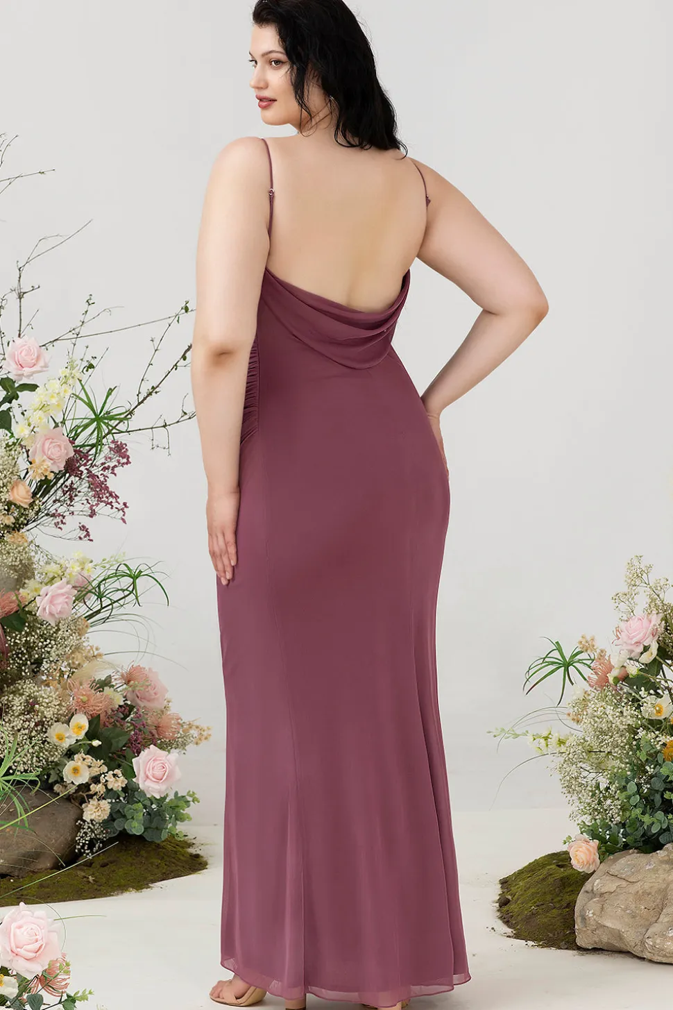 Cintas de Espaguete Rosa Deserto Vestido Formal com Costas Abertas