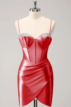 Cintas de espaguete rosa brilhantes vestido apertado de volta para casa com frisos