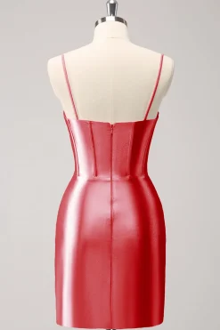 Cintas de espaguete rosa brilhantes vestido apertado de volta para casa com frisos