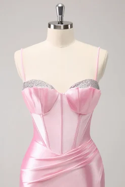 Cintas de espaguete rosa brilhantes vestido apertado de volta para casa com frisos