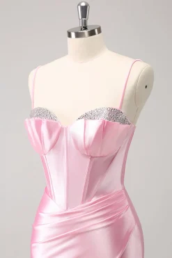 Cintas de espaguete rosa brilhantes vestido apertado de volta para casa com frisos