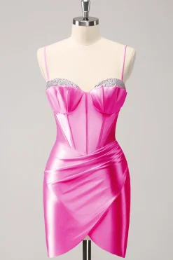 Cintas de espaguete rosa brilhantes vestido apertado de volta para casa com frisos