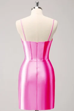 Cintas de espaguete rosa brilhantes vestido apertado de volta para casa com frisos