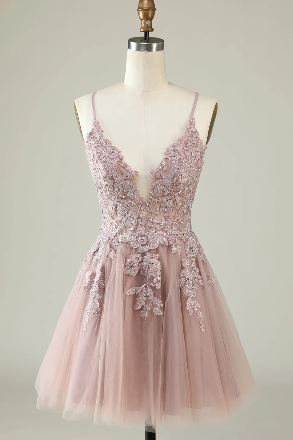 Cintas de Espaguete Rosa Vestido de Cocktail Com Apliques