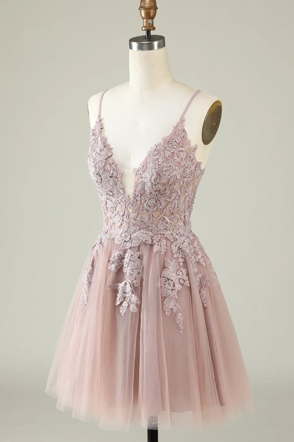 Cintas de Espaguete Rosa Vestido de Cocktail Com Apliques