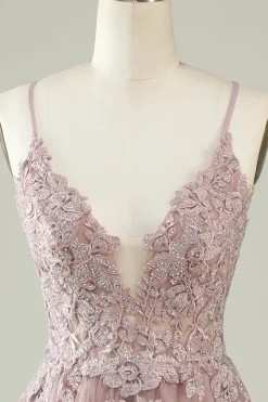 Cintas de Espaguete Rosa Vestido de Cocktail Com Apliques