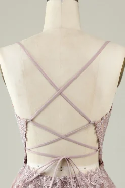 Cintas de Espaguete Rosa Vestido de Cocktail Com Apliques