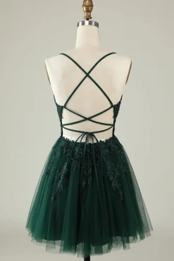 Cintas de Espaguete Rosa Vestido de Cocktail Com Apliques