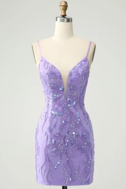 Cintas de espaguete roxas brilhantes apertadas vestido curto de volta para casa com lantejoulas