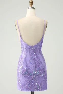 Cintas de espaguete roxas brilhantes apertadas vestido curto de volta para casa com lantejoulas