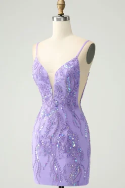 Cintas de espaguete roxas brilhantes apertadas vestido curto de volta para casa com lantejoulas