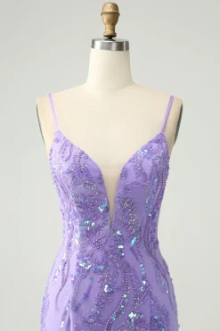 Cintas de espaguete roxas brilhantes apertadas vestido curto de volta para casa com lantejoulas