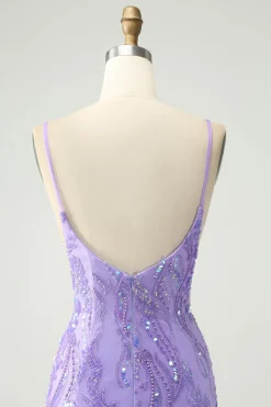 Cintas de espaguete roxas brilhantes apertadas vestido curto de volta para casa com lantejoulas