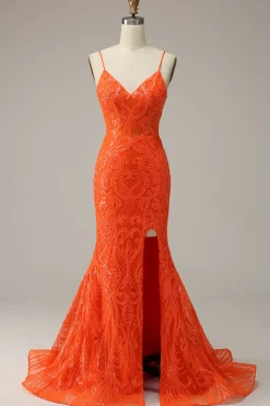 Cintas de Espaguete Sereia Vestido de Noite Laranja