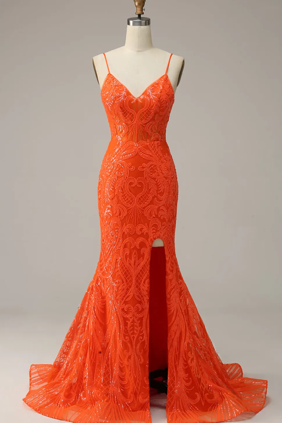 Cintas de Espaguete Sereia Vestido de Noite Laranja