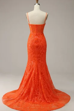 Cintas de Espaguete Sereia Vestido de Noite Laranja
