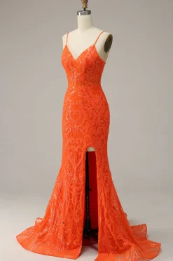 Cintas de Espaguete Sereia Vestido de Noite Laranja