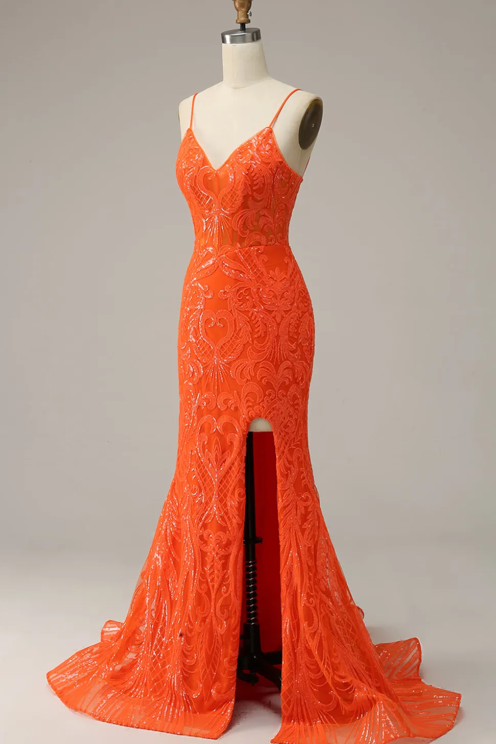 Cintas de Espaguete Sereia Vestido de Noite Laranja