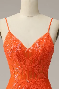 Cintas de Espaguete Sereia Vestido de Noite Laranja