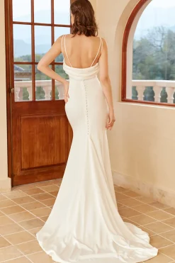 Cintas de espaguete sereia vestido de noiva branco com botão