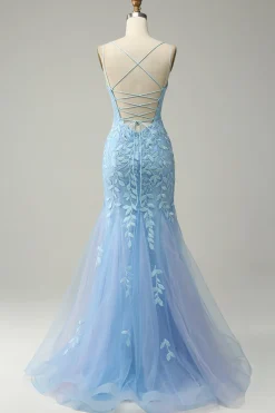 Cintas de Espaguete Sereia Azul Vestido Longo Baile Com Apliques