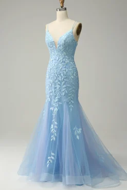 Cintas de Espaguete Sereia Azul Vestido Longo Baile Com Apliques