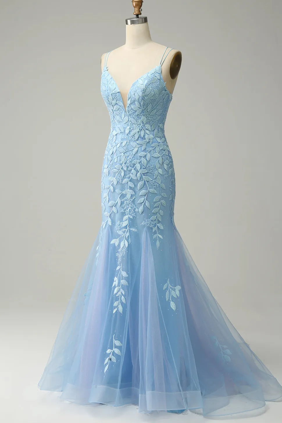 Cintas de Espaguete Sereia Azul Vestido Longo Baile Com Apliques
