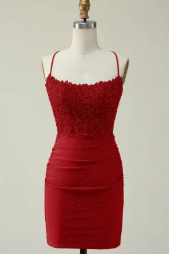 Cintas de Espaguete Verde Escuro Vestido Curto com Apliques
