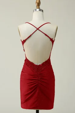 Cintas de Espaguete Verde Escuro Vestido Curto com Apliques