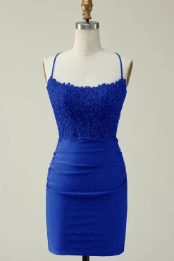 Cintas de Espaguete Verde Escuro Vestido Curto com Apliques