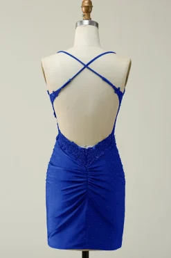 Cintas de Espaguete Verde Escuro Vestido Curto com Apliques