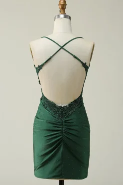Cintas de Espaguete Verde Escuro Vestido Curto com Apliques