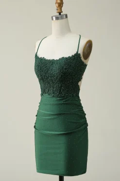 Cintas de Espaguete Verde Escuro Vestido Curto com Apliques