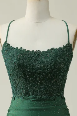 Cintas de Espaguete Verde Escuro Vestido Curto com Apliques