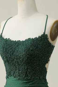 Cintas de Espaguete Verde Escuro Vestido Curto com Apliques