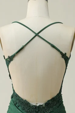 Cintas de Espaguete Verde Escuro Vestido Curto com Apliques