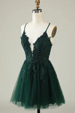 Cintas de Espaguete Verde Escuro Vestido de Cocktail Com Apliques