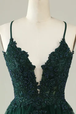 Cintas de Espaguete Verde Escuro Vestido de Cocktail Com Apliques