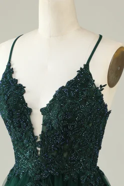 Cintas de Espaguete Verde Escuro Vestido de Cocktail Com Apliques