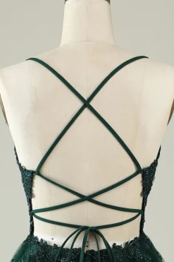Cintas de Espaguete Verde Escuro Vestido de Cocktail Com Apliques