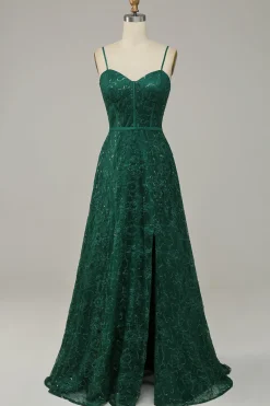 Cintas de Espaguete Verde Escuro Vestido de Festa