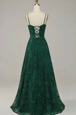 Cintas de Espaguete Verde Escuro Vestido de Festa