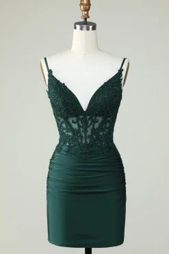 Cintas de Espaguete Verde Escuro Vestido de Cocktail