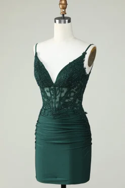 Cintas de Espaguete Verde Escuro Vestido de Cocktail