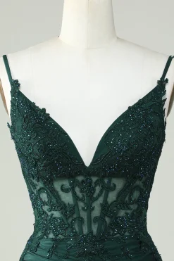 Cintas de Espaguete Verde Escuro Vestido de Cocktail